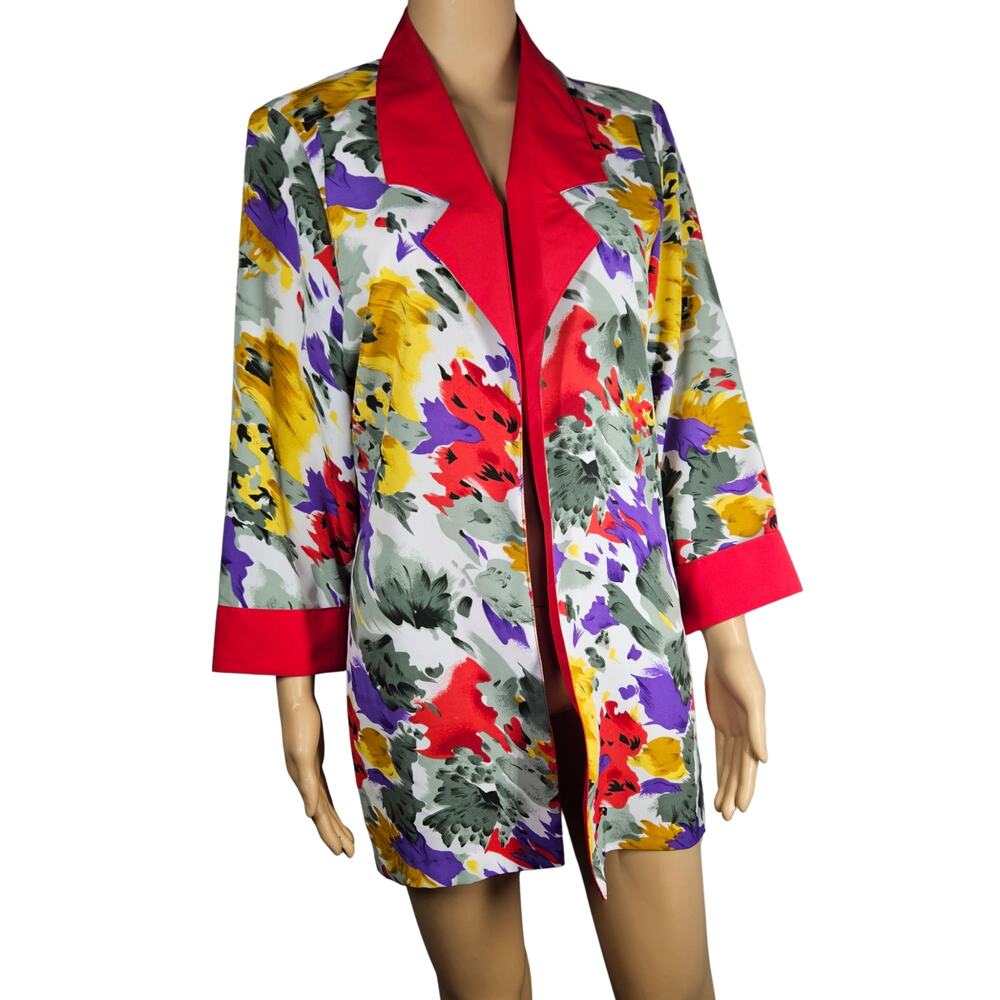 90s Playful Floral Long Blazer Solid Red Collar  Light Weight Open Front Size 12
